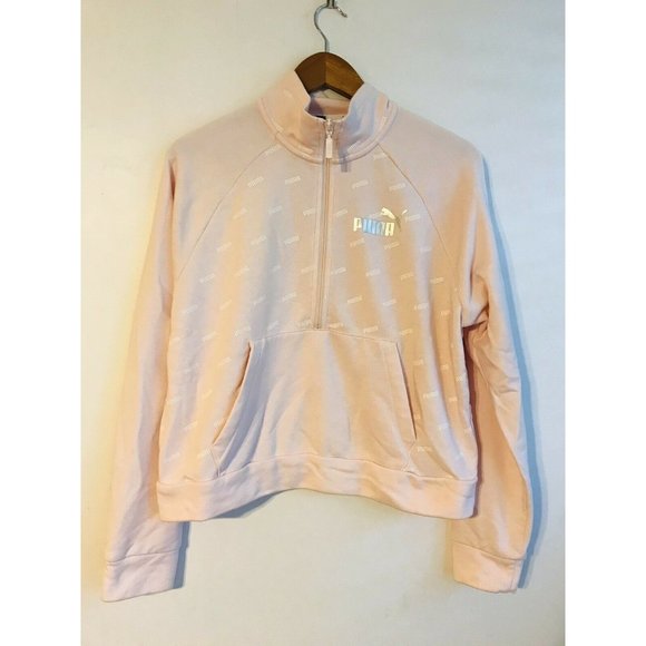 Puma Sweaters - Puma Women's Light Pink Size Large All Over Logo Print Cropped 3/4 Zip Sweater